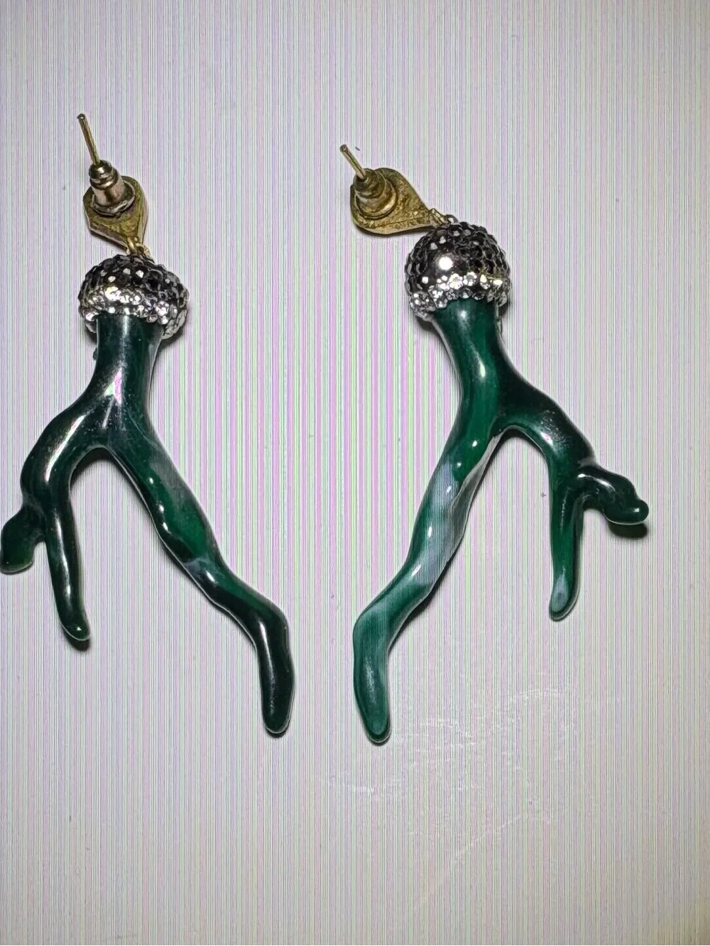 Green Coral Branch Drop Earrings with Rhinestone Caps